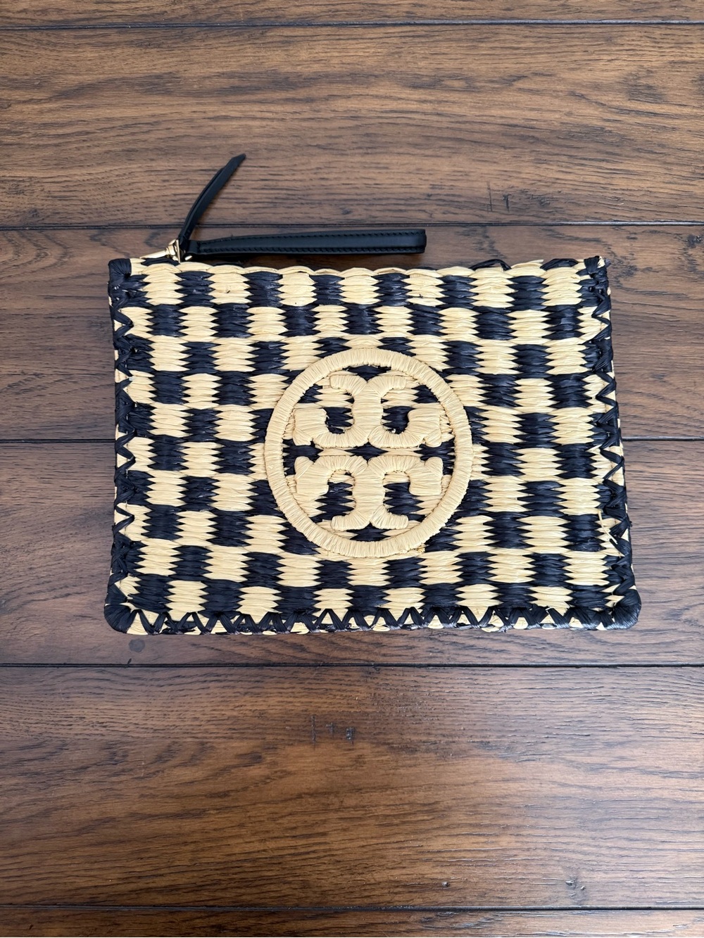 Tory Burch Black and Natural Woven Logo Zip Pouch